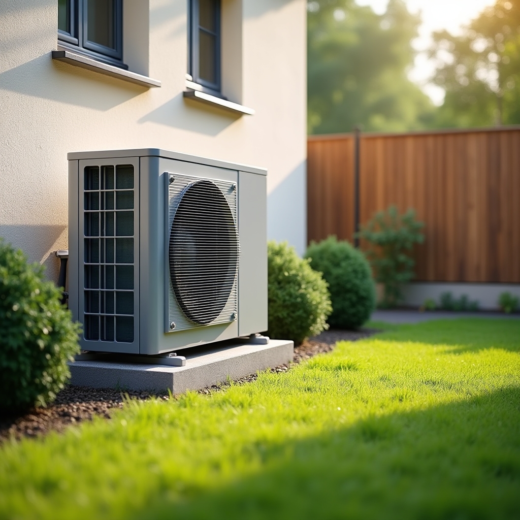 Air-source heat pump unit positioned in a residential garden in Poland