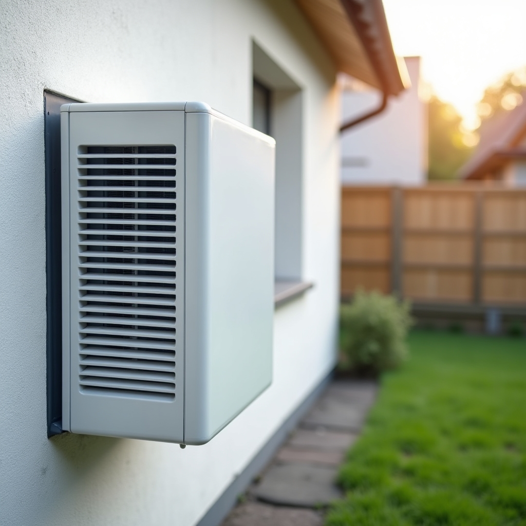Modern air-source heat pump installed on a residential exterior wall