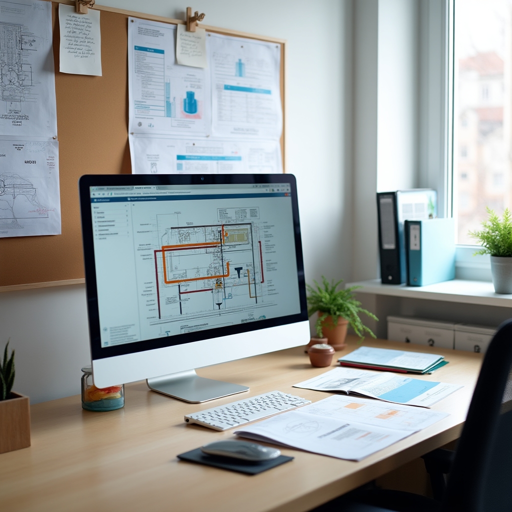 Visowu Yiloyi office workspace in Białystok with technical documentation and heating system plans